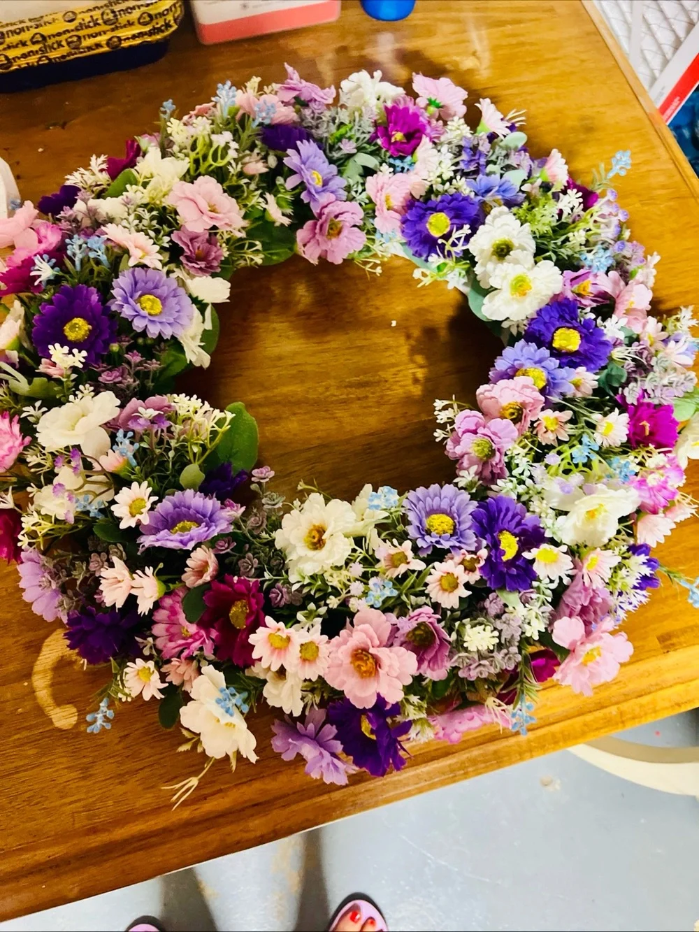 Hand Crafted Floral Wreath in Purple, Pink & White